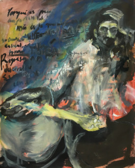 Dibujo semi abstracto de un chico comiendo pasta y unos escritos detras 